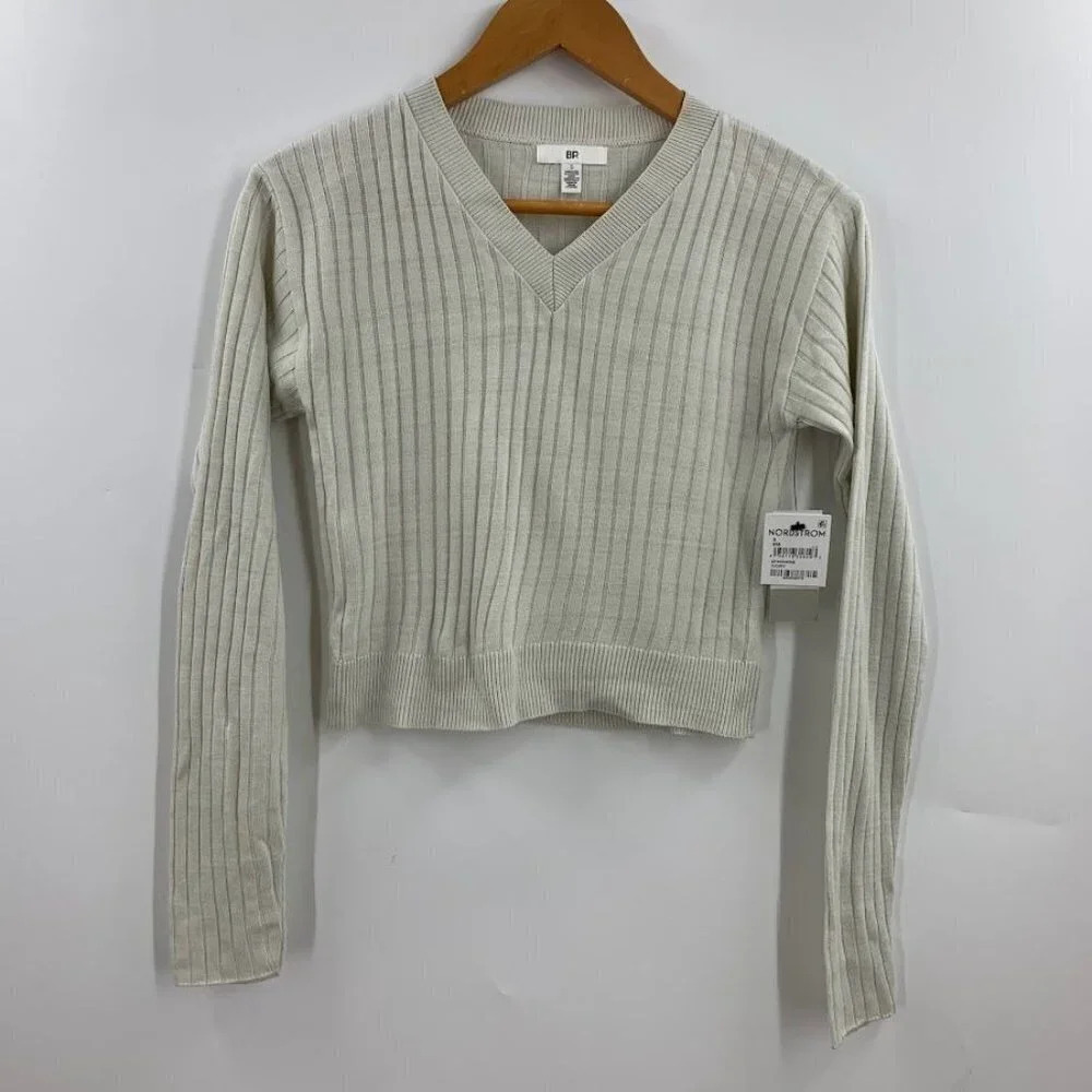 BP Nordstrom Women's Cropped Lightweight Long Sleeve V Neck Sweater Size‎ S NWT